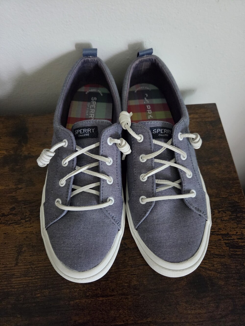 Sperry Womens Blue Gray Crest Vibe Canvas Boat Shoes with White Laces - 10